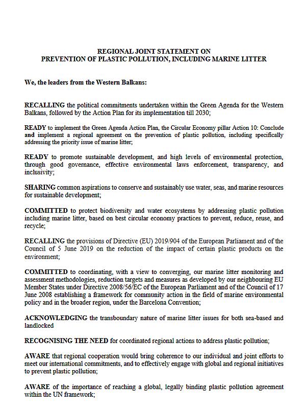 Regional Joint Statement on Preventing Plastic Pollution Including Marine Litter
