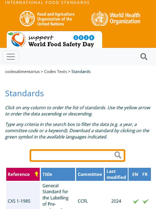 Codex Alimentarius – list of standards