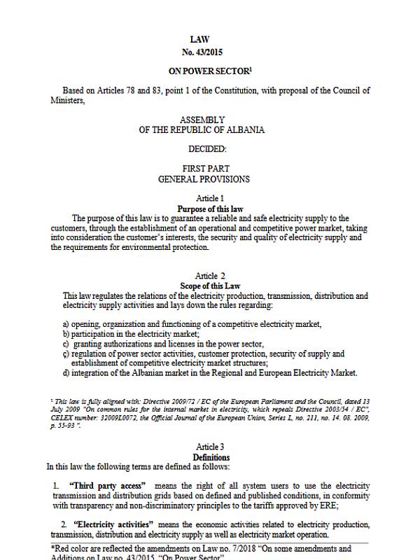 Albania: Law no 43/2015 On Power Sector (2015)