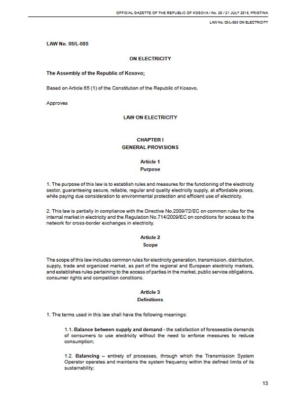 Kosovo*: Law on Electricity (05/L-085) (2016)