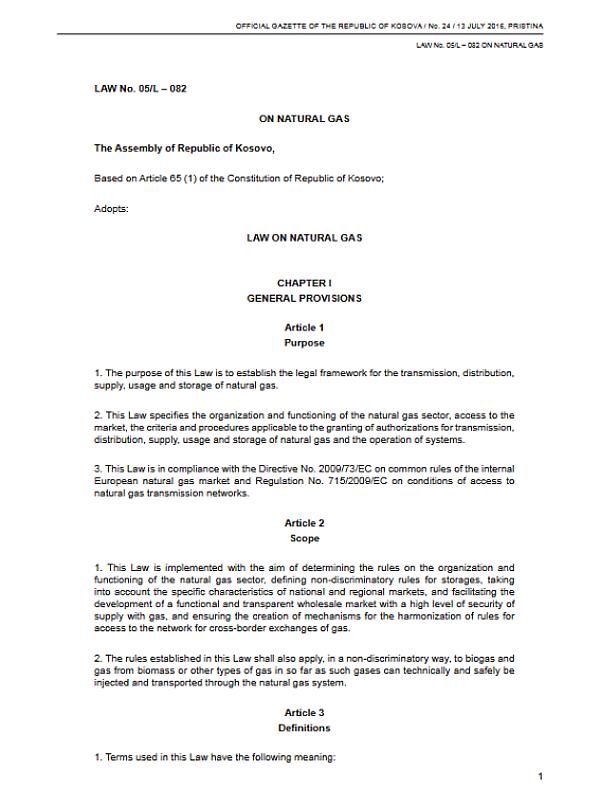 Kosovo*: Law No. 05/L-082 on Natural Gas (2016)