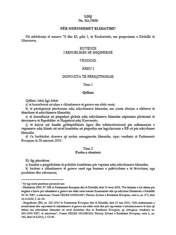 Albania: Law no 155/2020 on climate change (2020)