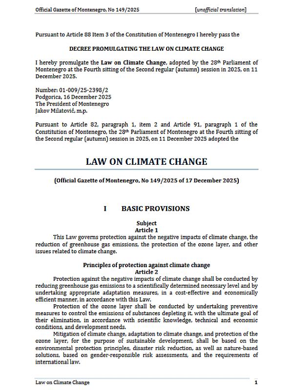 Montenegro: Law on Climate Change OGMN 149-2025 (2019)