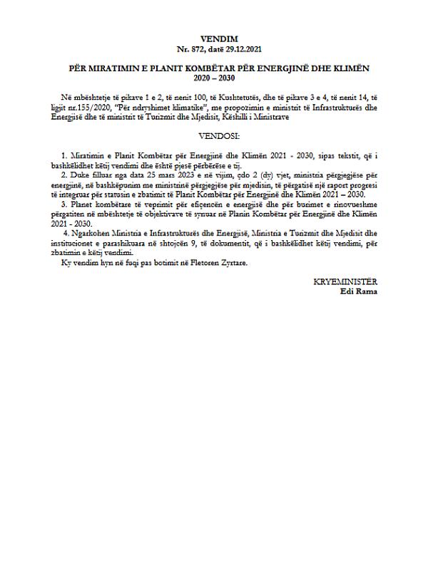 Albania:  Energy and Climate Plan 2020–2030 (2021)