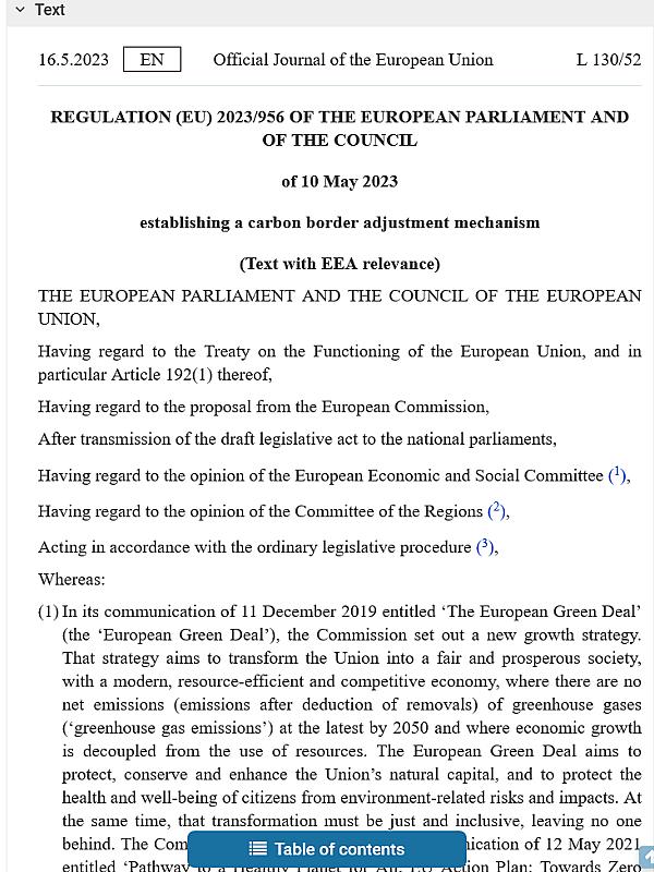Regulation (EU) 2023/956 of the European Parliament and of the Council of 10 May 2023 establishing a carbon border adjustment mechanism