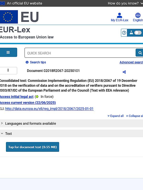 Implementing Regulation (EU) 2018/2067 verification of data and the accreditation of verifiers