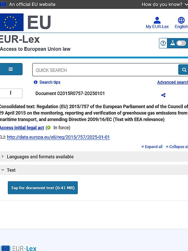 Regulation 2015/757 on the monitoring, reporting and verification of carbon dioxide emissions from maritime transport