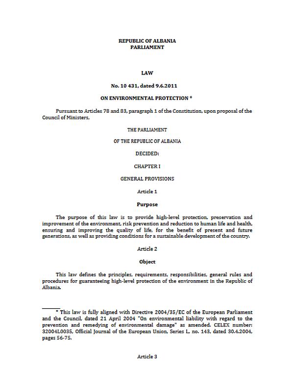 Albania: The Law on Environmental Protection (10/431) (2011)