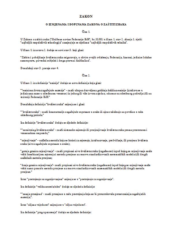 Bosnia and Herzegovina: Amendment to the Law on Air Protection (4/10) (2010)