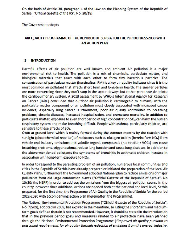 Serbia: Air Quality Programme (2022-2030) with an Action Plan