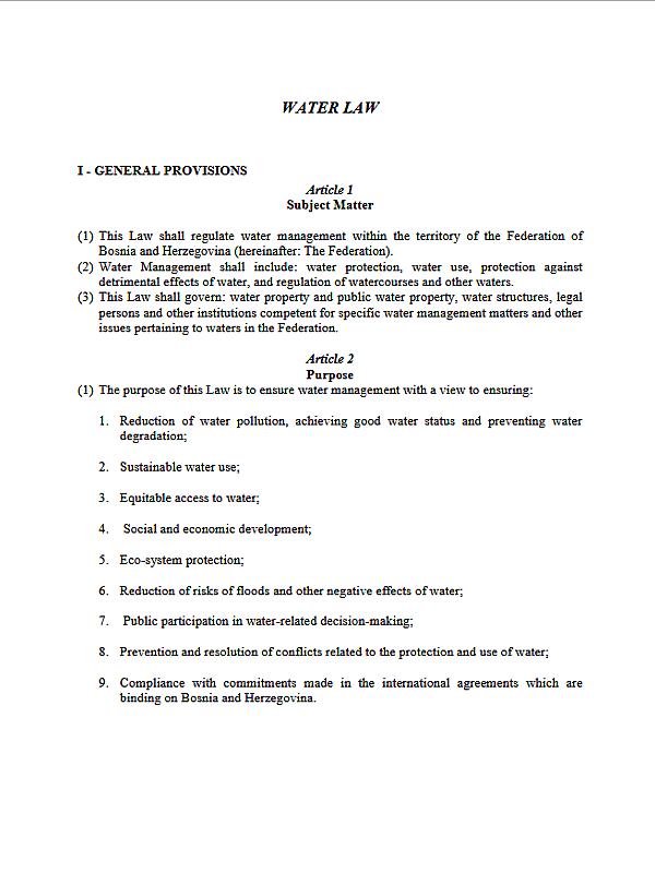 Bosnia and Herzegovina, entity-level Federation of Bosnia and Herzegovina: Water Law (70/06)