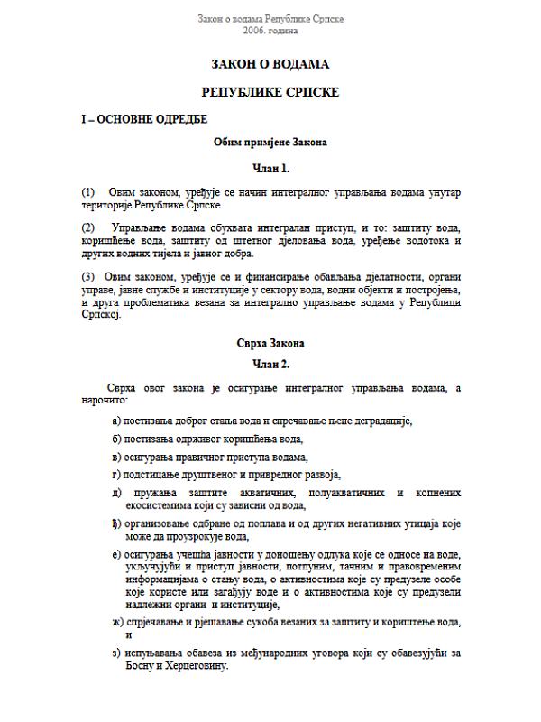 Bosnia and Herzegovina, entity-level Republika Srpska: Water Law (50/06)