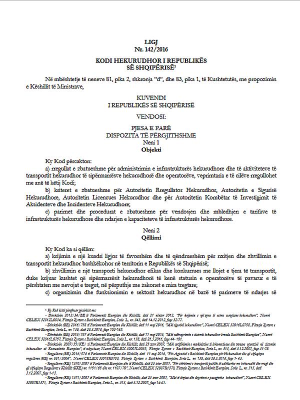 Albania: Law No. 142/2016, the Railway Code of Albania (2016)