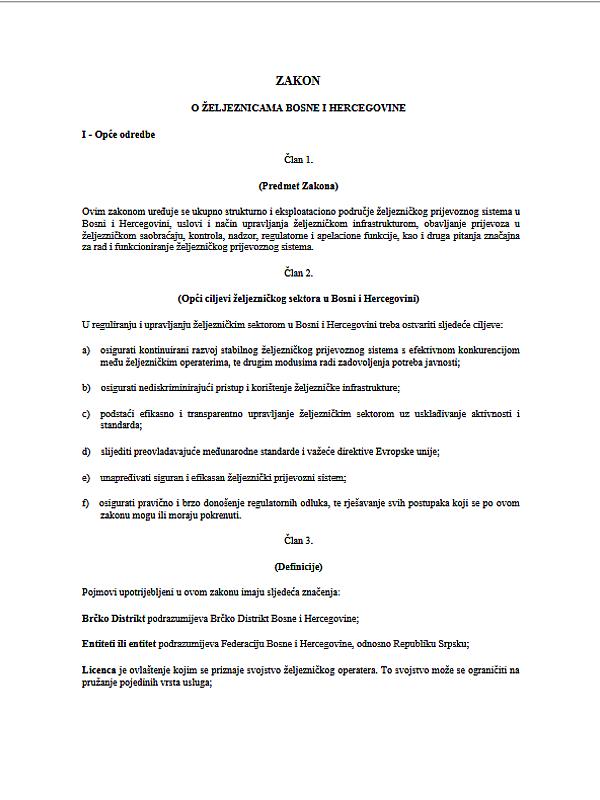 Bosnia and Herzegovina: Law on Railways of Bosnia and Herzegovina (Official Gazette BiH No. 52/05, amended)