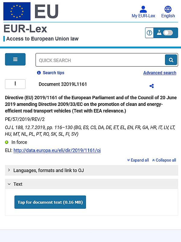 Directive (EU) 2019/1161 on the promotion of clean and energy-efficient road transport vehicles (2019)