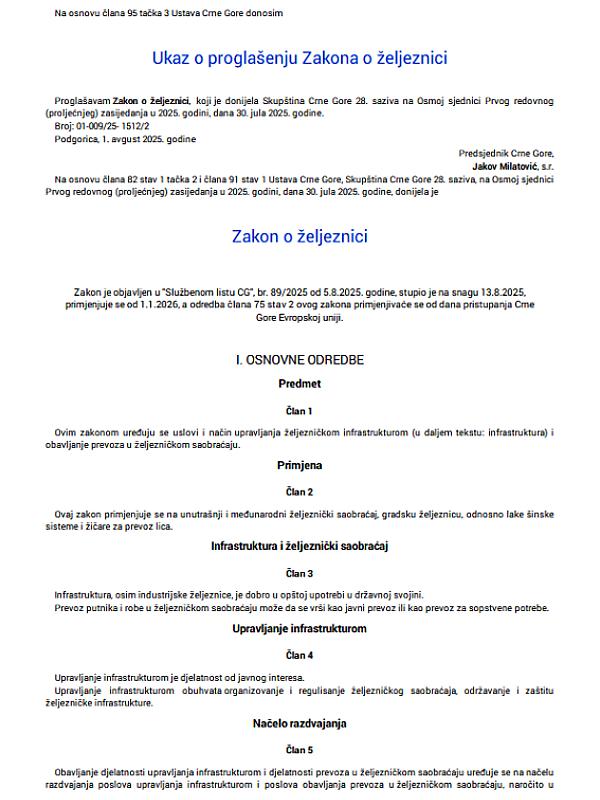 Montenegro: Law on Railways (Official Gazette of Montenegro No. 89/25)
