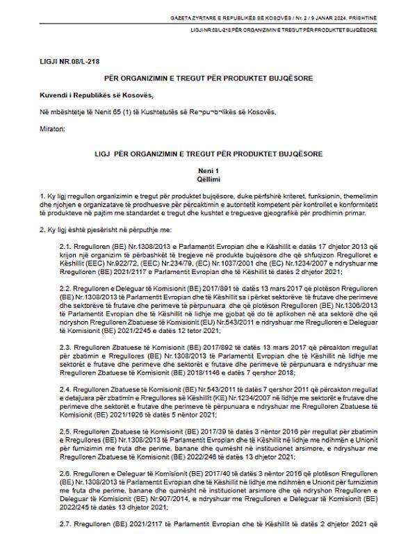 Kosovo*: Law on Market Organisation for Agricultural Products (2023)