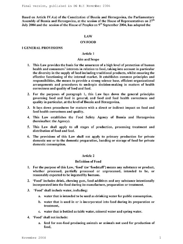 Bosnia and Herzegovina: Law on Food (50/04)
