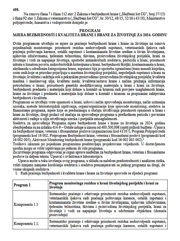 Montenegro: Program of measures for the safety and quality of food and animal feed for 2024.