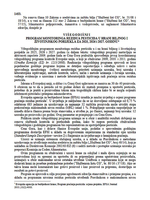 Montenegro: Multi-year Monitoring Program for pesticide residues in food of plant and animal origin for 2025, 2026 and 2027