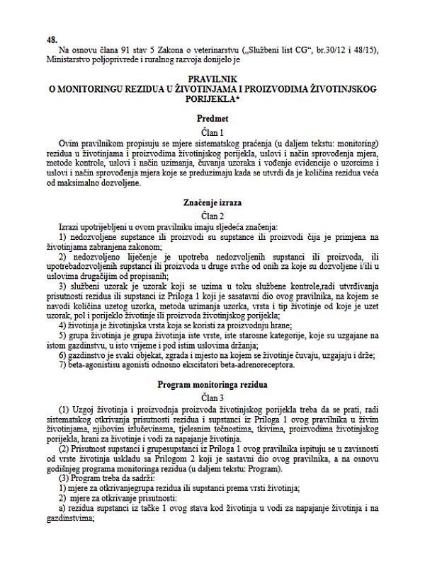 Montenegro: Regulation on the monitoring of residues in animals and products of animal origin