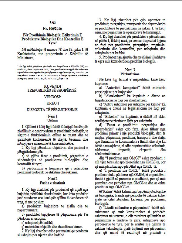 Albania: Law on Organic Production, Labelling of Organic Products and Their Control (104/2024)