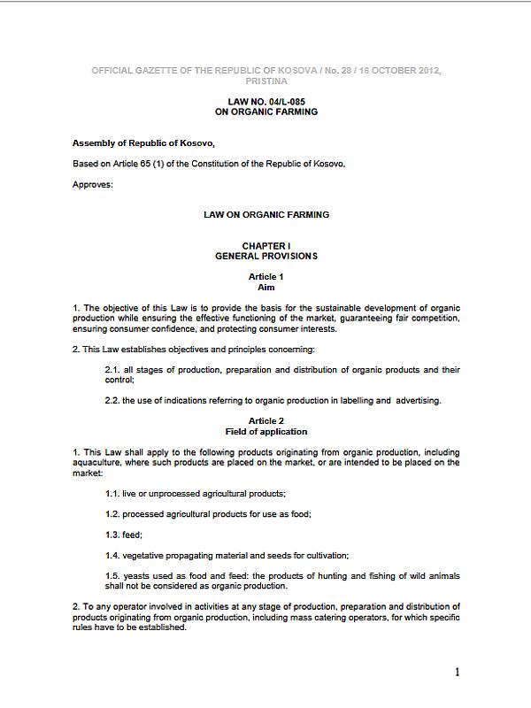 Kosovo*: Law on Organic Farming (04/L-085) (2012)