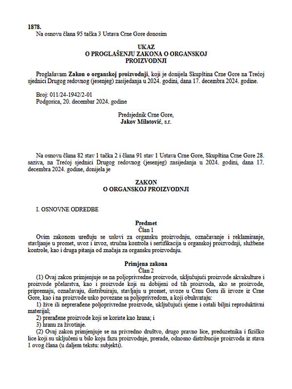 Montenegro: Law on Organic Production (123/24)