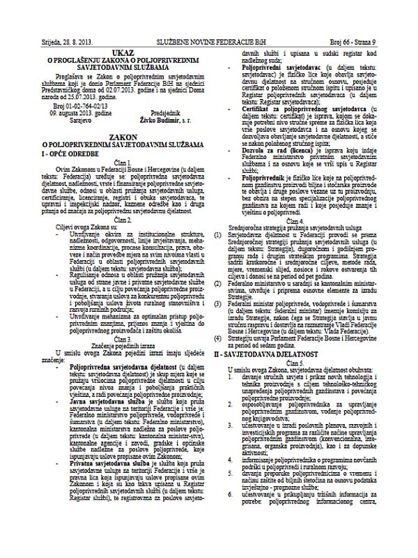 Bosnia and Herzegovina: Law on Agricultural Advisory Services (52/06)