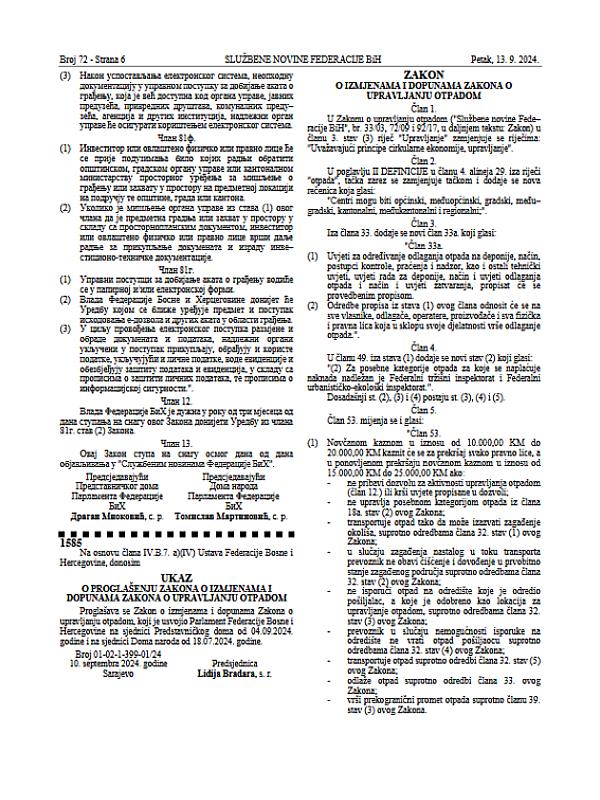 Bosnia and Herzegovina, entity-level of Federation of Bosnia and Herzegovina: Law on Amendments to the Waste Management Law (72/24)