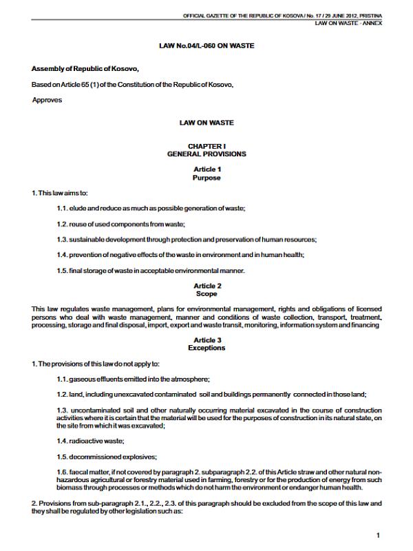 Kosovo*: Law on Waste Management (04/L-060)