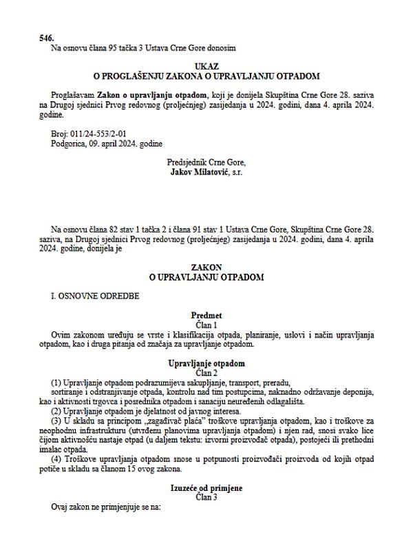 Montenegro: Law on Waste Management (34/2024)