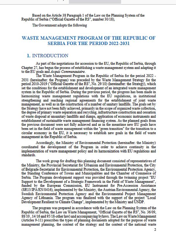 Serbia: Waste Management Program (2022–2031)