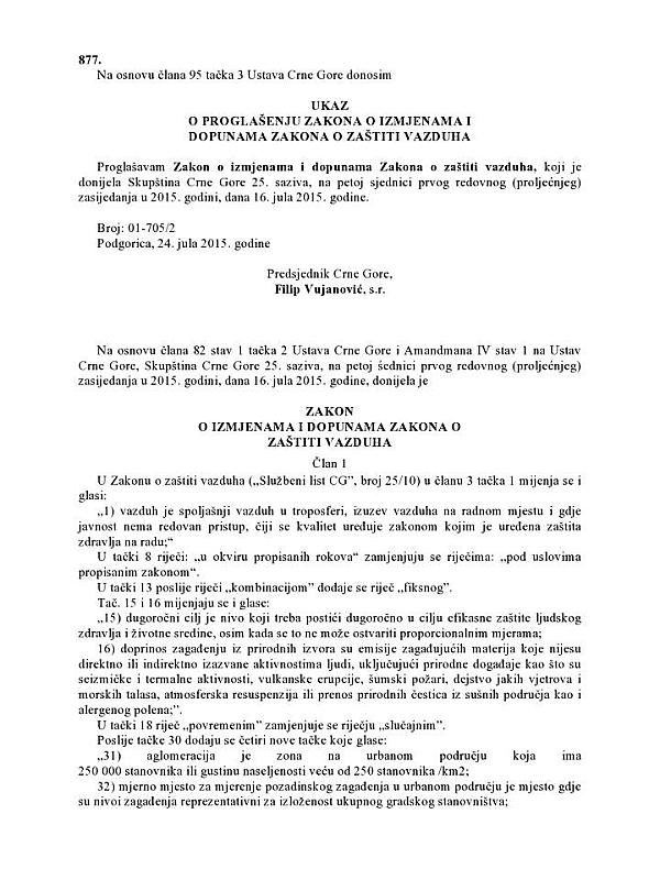 Montenegro: Law on Amendments to the Law on Air Protection (43/2015)