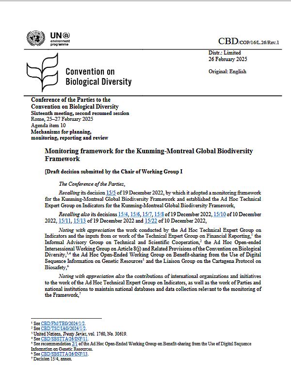 CBD COP16 resumed session: finalised KMGBF monitoring indicators and templates for the seventh domestic-level reports