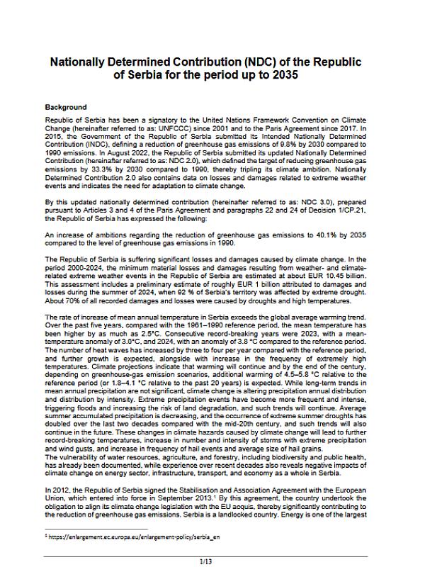Serbia: Domestically Determined Contribution (NDC 3.0)