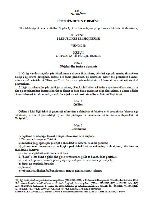 Albania: Law on Plant Health