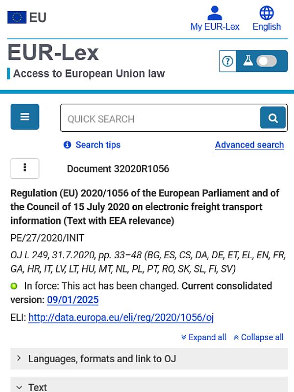Regulation (EU) 2020/1056 on electronic freight transport information (eFTI)