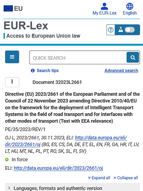 Directive (EU) 2023/2661 amending Directive 2010/40/EU on Intelligent Transport Systems