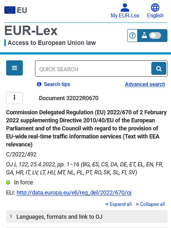 Commission Delegated Regulation (EU) 2022/670 on EU-wide real-time traffic information services