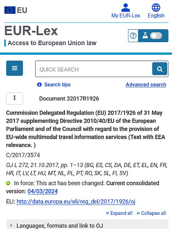 Commission Delegated Regulation (EU) 2017/1926 on EU-wide multimodal travel information services