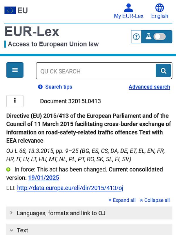 Directive 2015/413 facilitating cross-border/boundary exchange of information on road-safety-related traffic offences